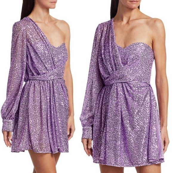 New Amen One-Shoulder Sequin Lilac Mini Dress NWT Size 46 IT/ 10 US(X-Large) - Picture 1 of 13